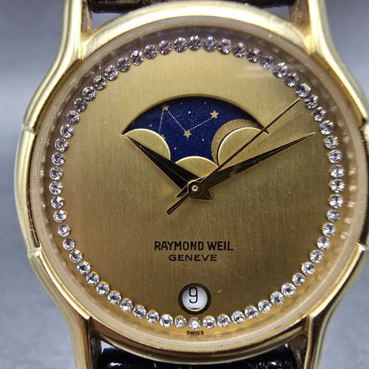 Raymond Weil Moon Phase Watch Men 30mm Champagne Dial Gold Plated Date 4100 Runs1