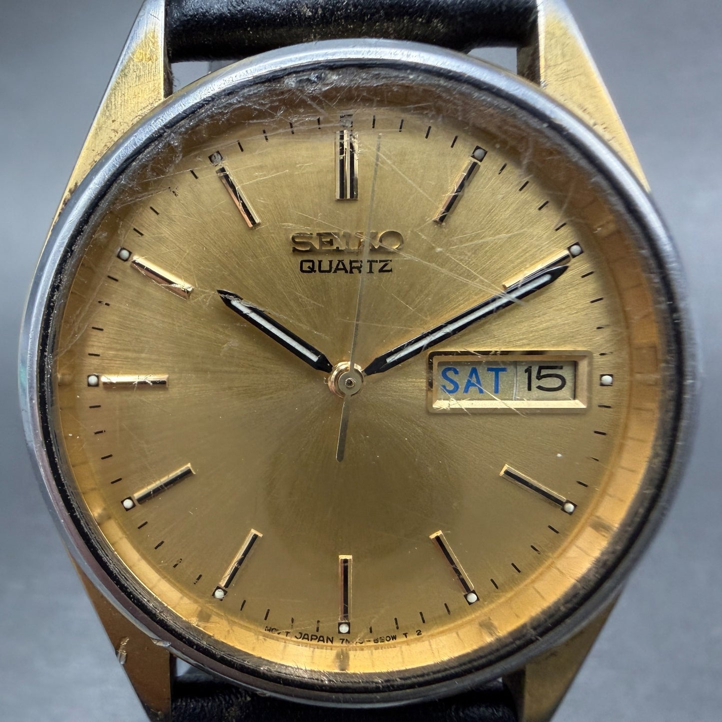 Seiko Watch Men 35mm Champagne Dial Gold Tone Daydate Round 7N43-7A59 NewBattery1