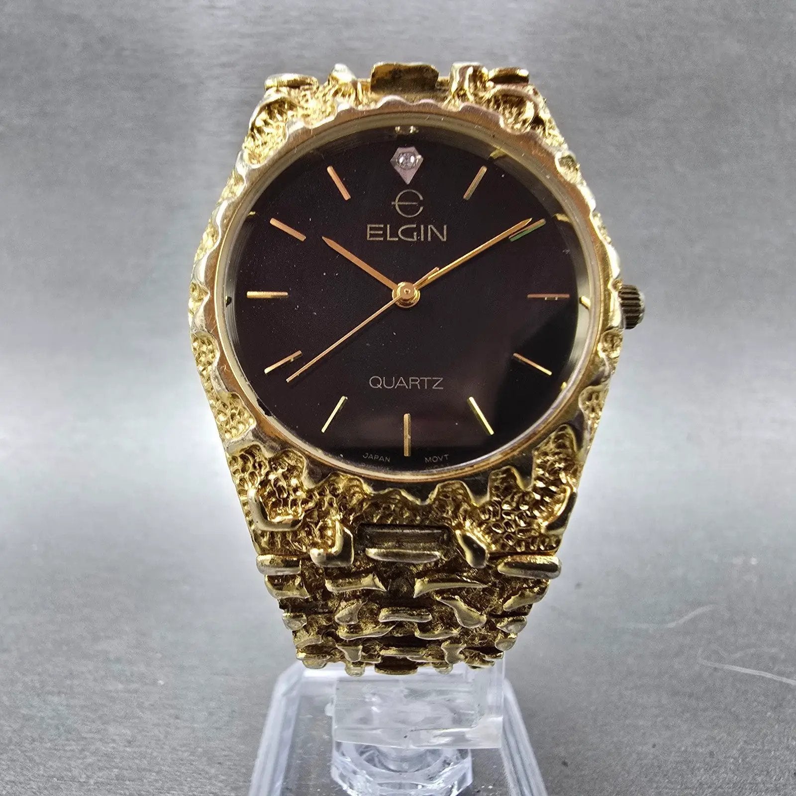 Elgin Watch Men 33mm Black Dial Gold Nugget Case Tone Round New Battery VTG5