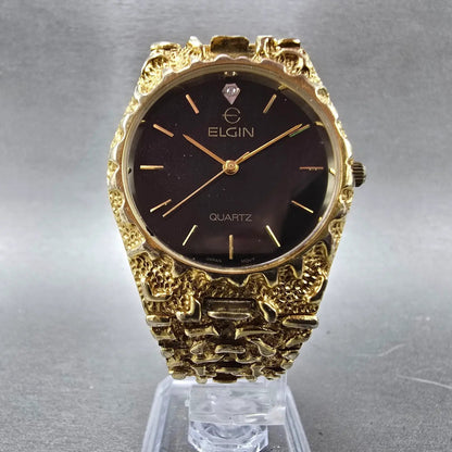Elgin Watch Men 33mm Black Dial Gold Nugget Case Tone Round New Battery VTG5