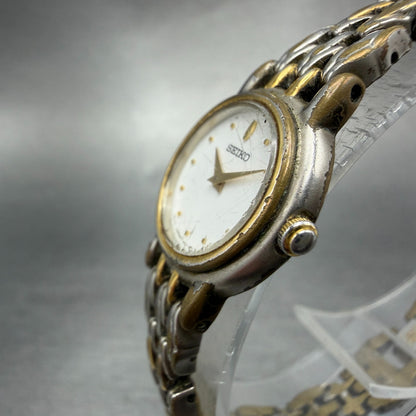 Seiko Watch Women 20mm White Dial Two Tone Round 1N00-1H20 New Battery Vintage2
