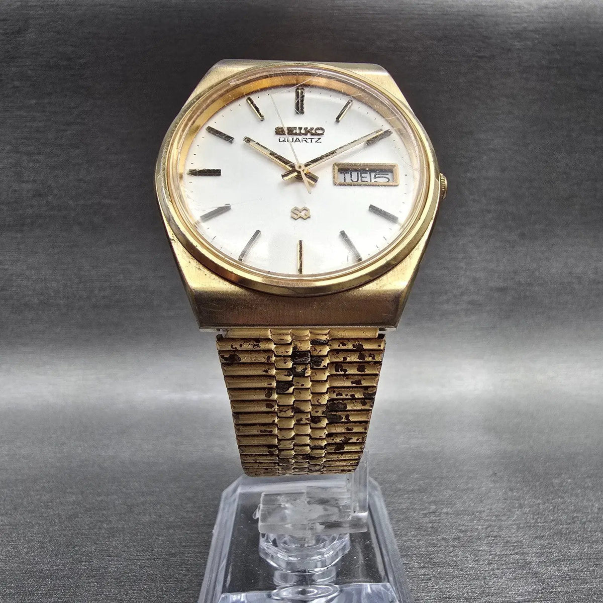 Seiko SQ Watch Men35mm Silver Dial Gold Daydate Round 8223-8029 New Battery JP45