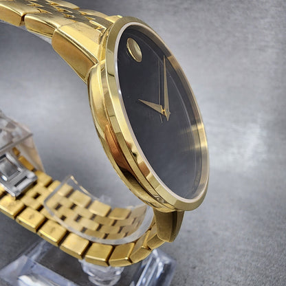 Movado Museum Watch Men 40mm Black Dial Gold Tone Round Bracelet Swiss 06072033