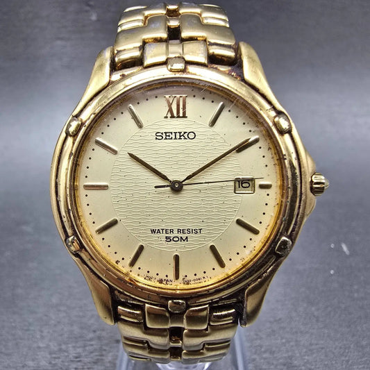 Seiko Watch Men 36mm Champagne Dial Gold Tone Date Round 7N32-0049 PARTS Vintage0