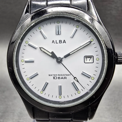 Seiko Alba Watch Men 34mm White Dial Black Tone Date Round 7N32-K004 New Battery1