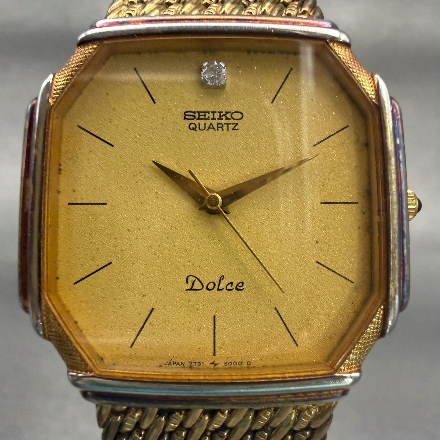 Seiko Dolce Watch Men 28mm Gold Dial Gold Tone Hexagon 7731-5000 New Battery1
