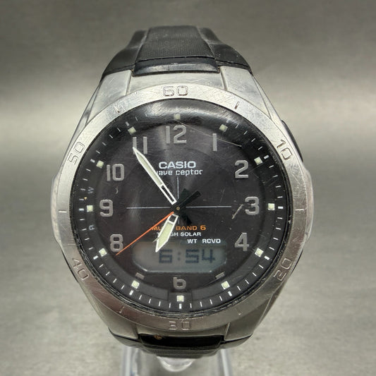 Casio Wave Ceptor Watch Men 43mm Black Dial Steel Solar Analog Digital READ!!!!!0