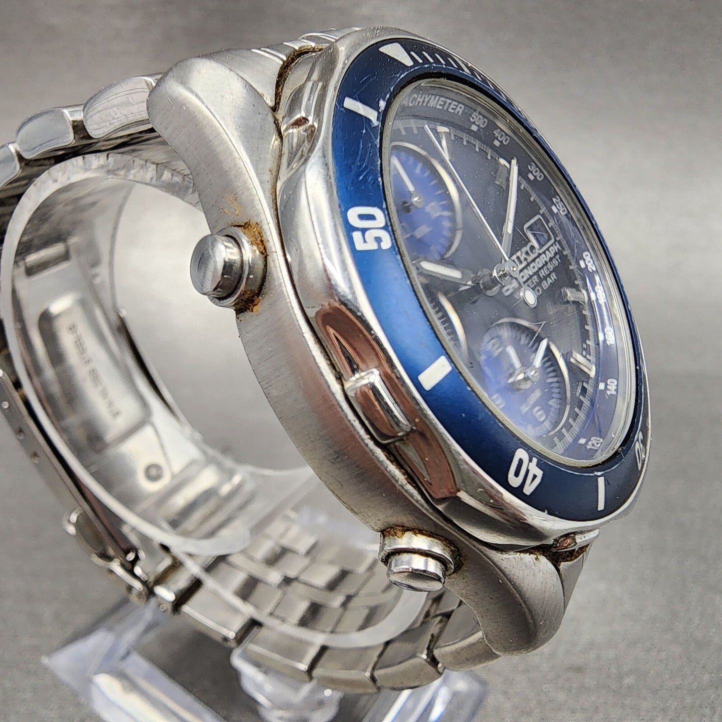 Seiko Chronograph Watch Men 40mm Blue Dial Steel Date Alarm Round New Battery