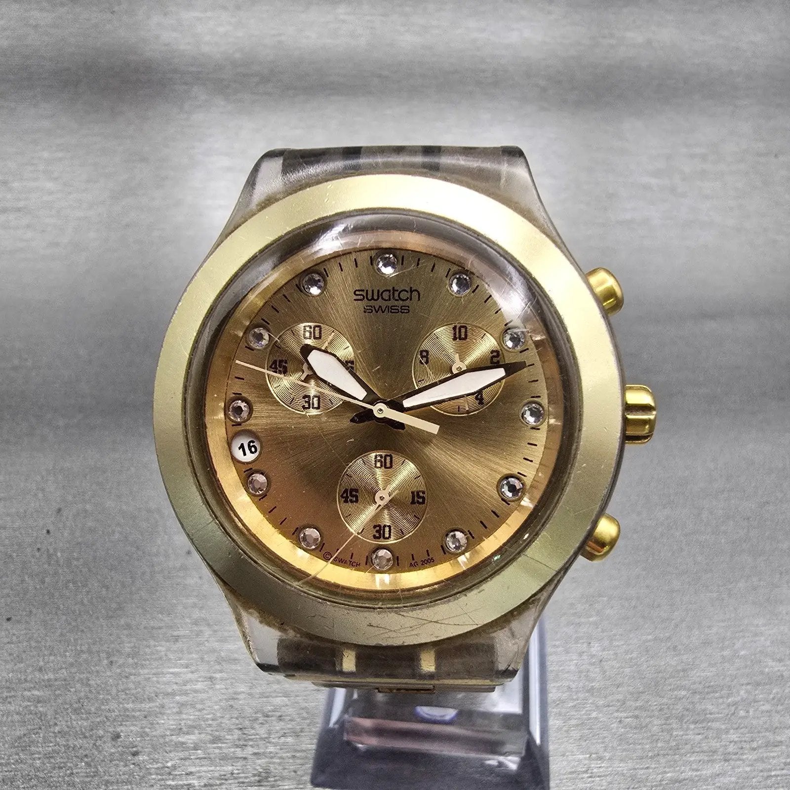 Swatch Irony Diaphone Full Blooded Chrono Watch Unisex 43mm Gold Tone New Batt0