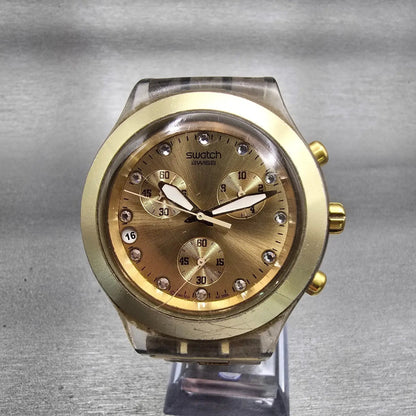 Swatch Irony Diaphone Full Blooded Chrono Watch Unisex 43mm Gold Tone New Batt0