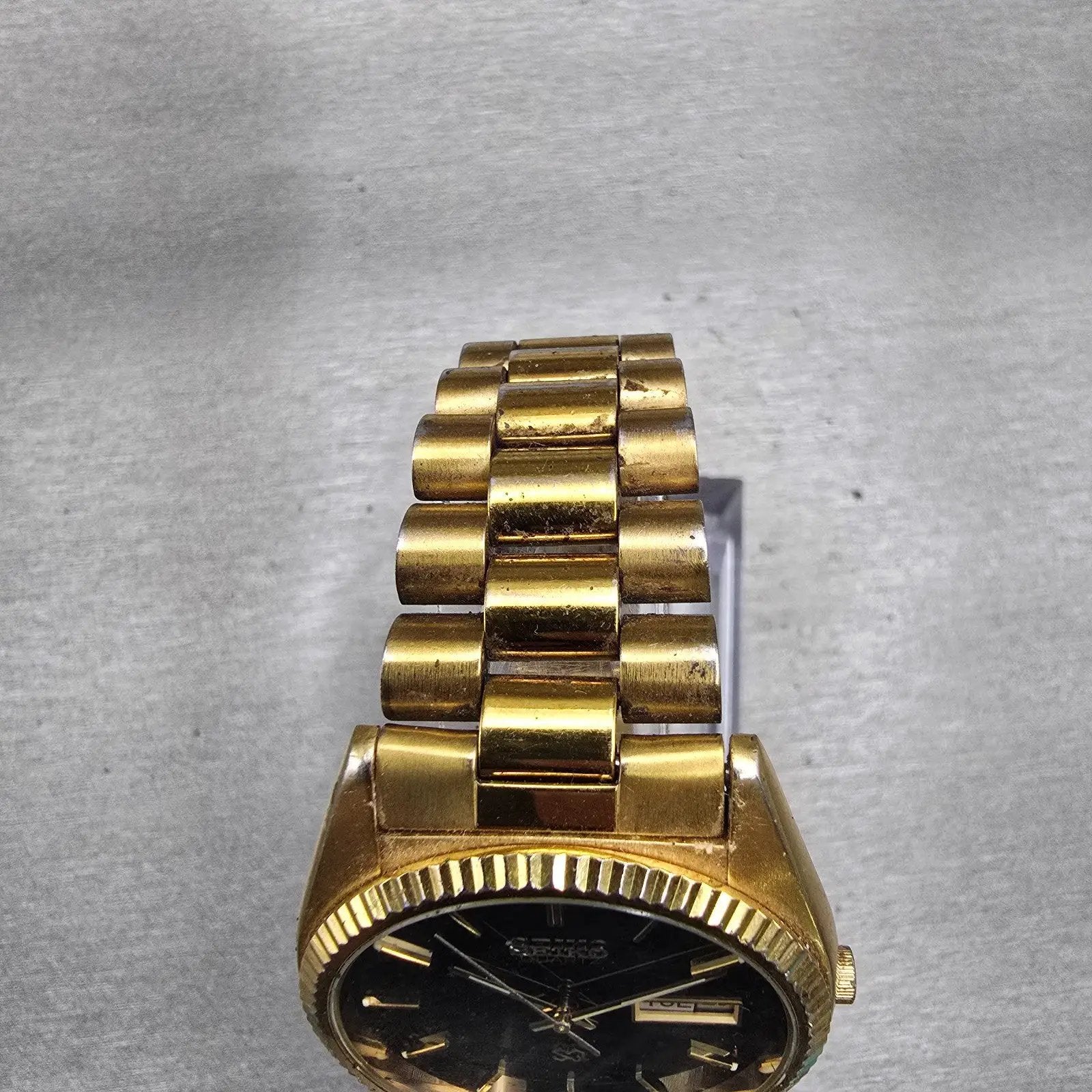 Seiko President Watch Men 36mm Black Dial Gold Tone Daydate 5Y23-8A60 New Batt4
