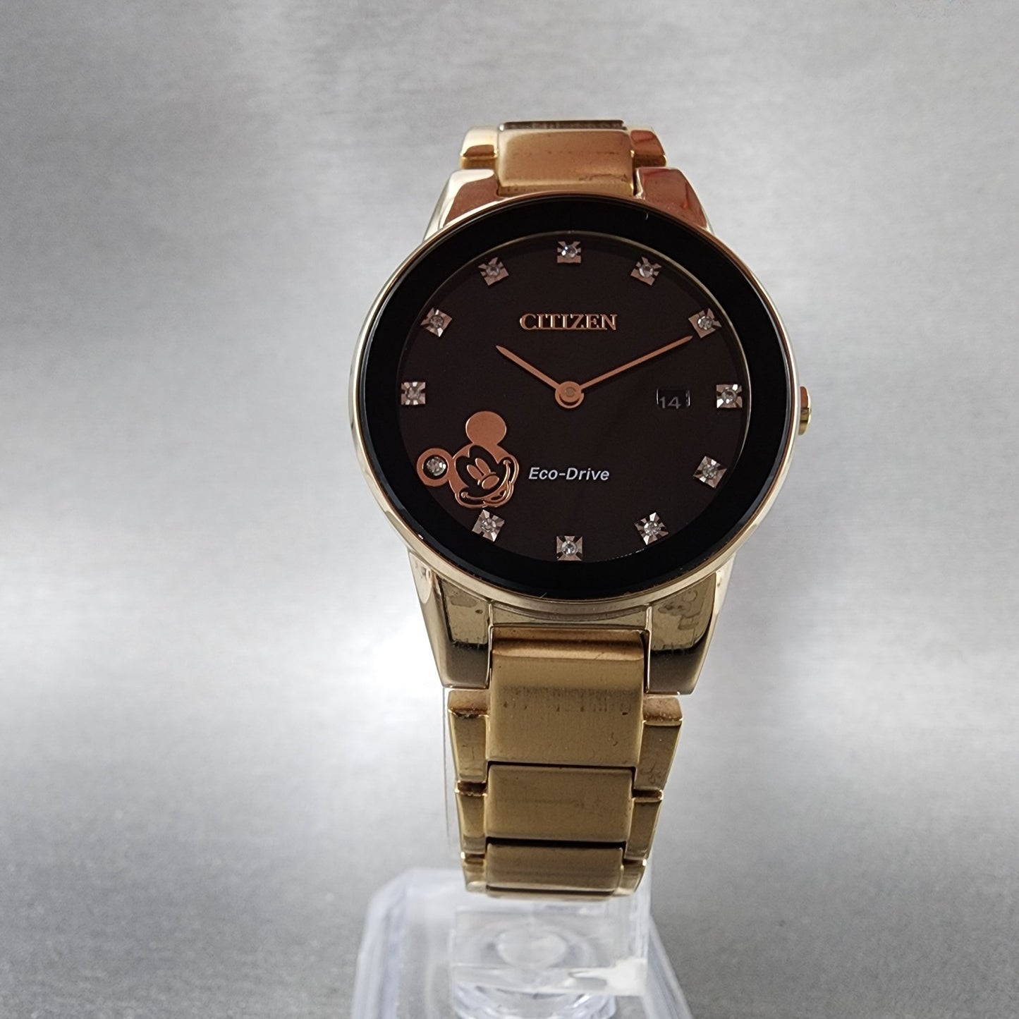 Citizen EcoDrive Mickey Mouse Watch Women 29mm Black Dial Rose Gold Date Runs5