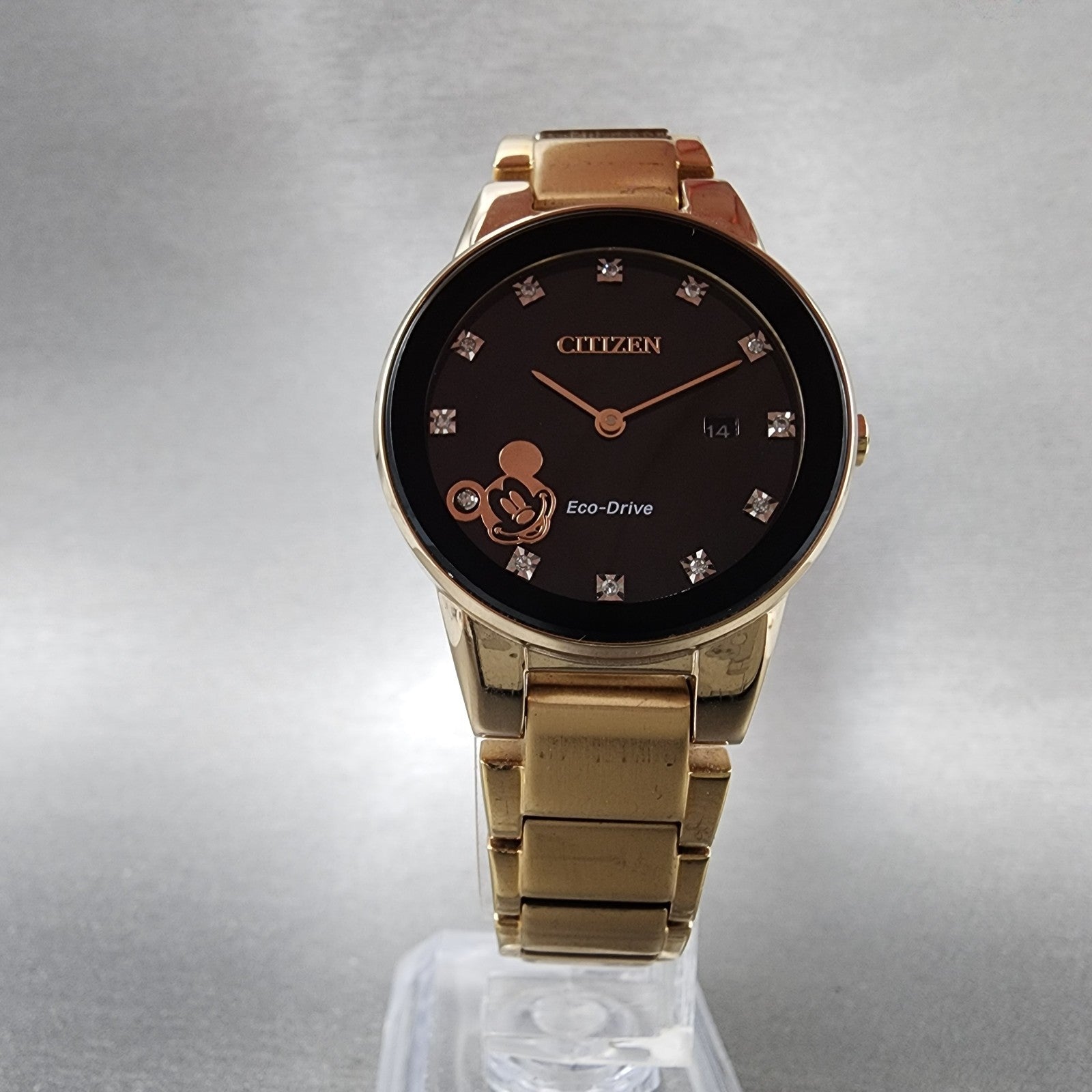 Citizen EcoDrive Mickey Mouse Watch Women 29mm Black Dial Rose Gold Date Runs5