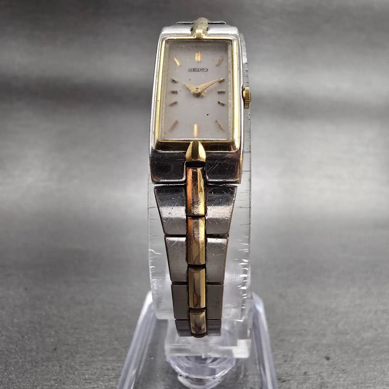 Seiko Watch Women 13mm White Dial Two Tone Rectangle 2E20-7479 New Battery VTG5
