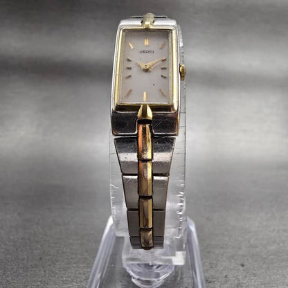 Seiko Watch Women 13mm White Dial Two Tone Rectangle 2E20-7479 New Battery VTG5