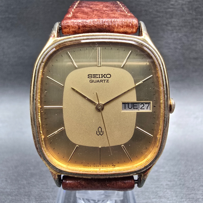 Seiko Watch Men 32mm Gold Dial Gold Tone Daydate Rectangle 7433-5030 New Battery0
