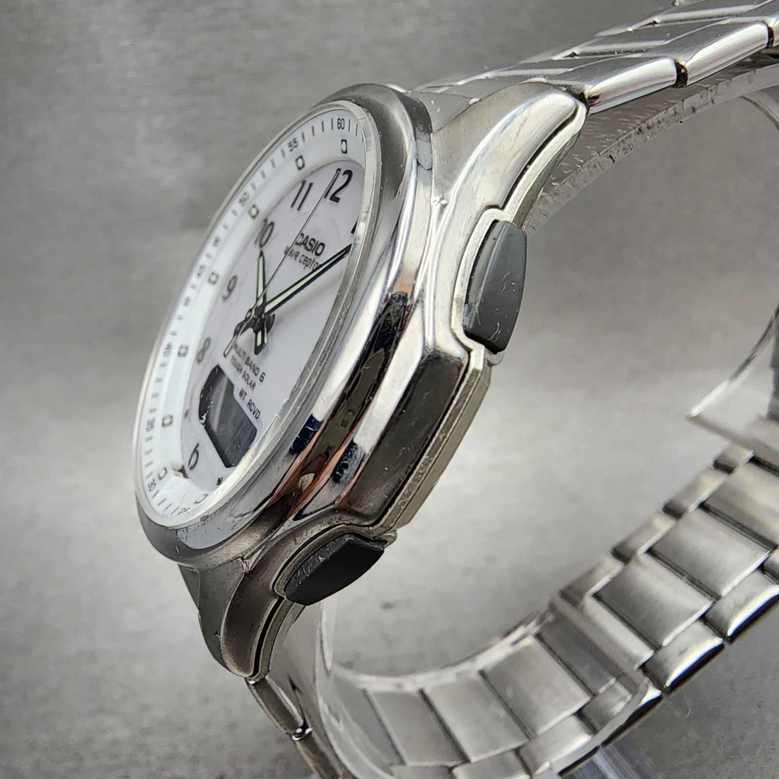 Casio Wave Ceptor Watch Men 42mm White Dial Steel Solar Analog Digital Works2