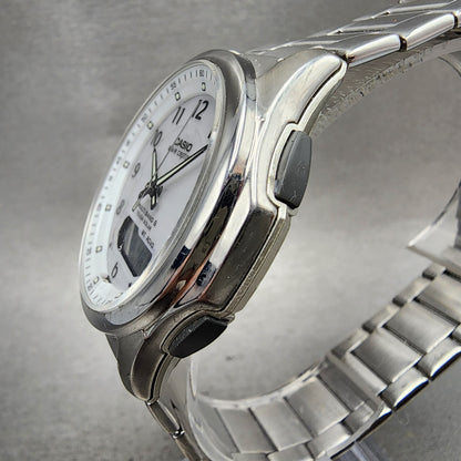 Casio Wave Ceptor Watch Men 42mm White Dial Steel Solar Analog Digital Works2