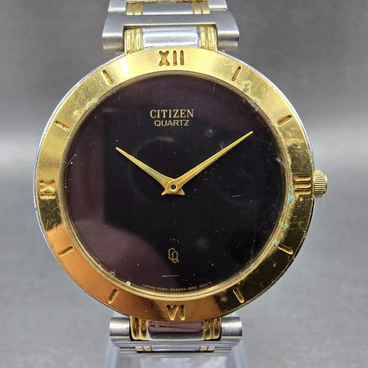 Citizen CQ Watch Men 33mm Black Dial Two Tone Round 6020-S23349 VTG PARTS0