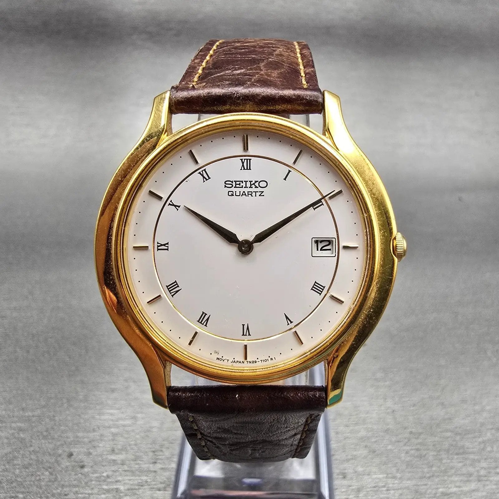 Seiko Watch Men 35mm White Dial Gold Tone Date Round 7N29-7051 New Battery VTG0