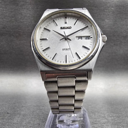 Seiko Spirit Watch Men 35mm Silver Dial Silver Tone Daydate 7N43-7180 New Batt5