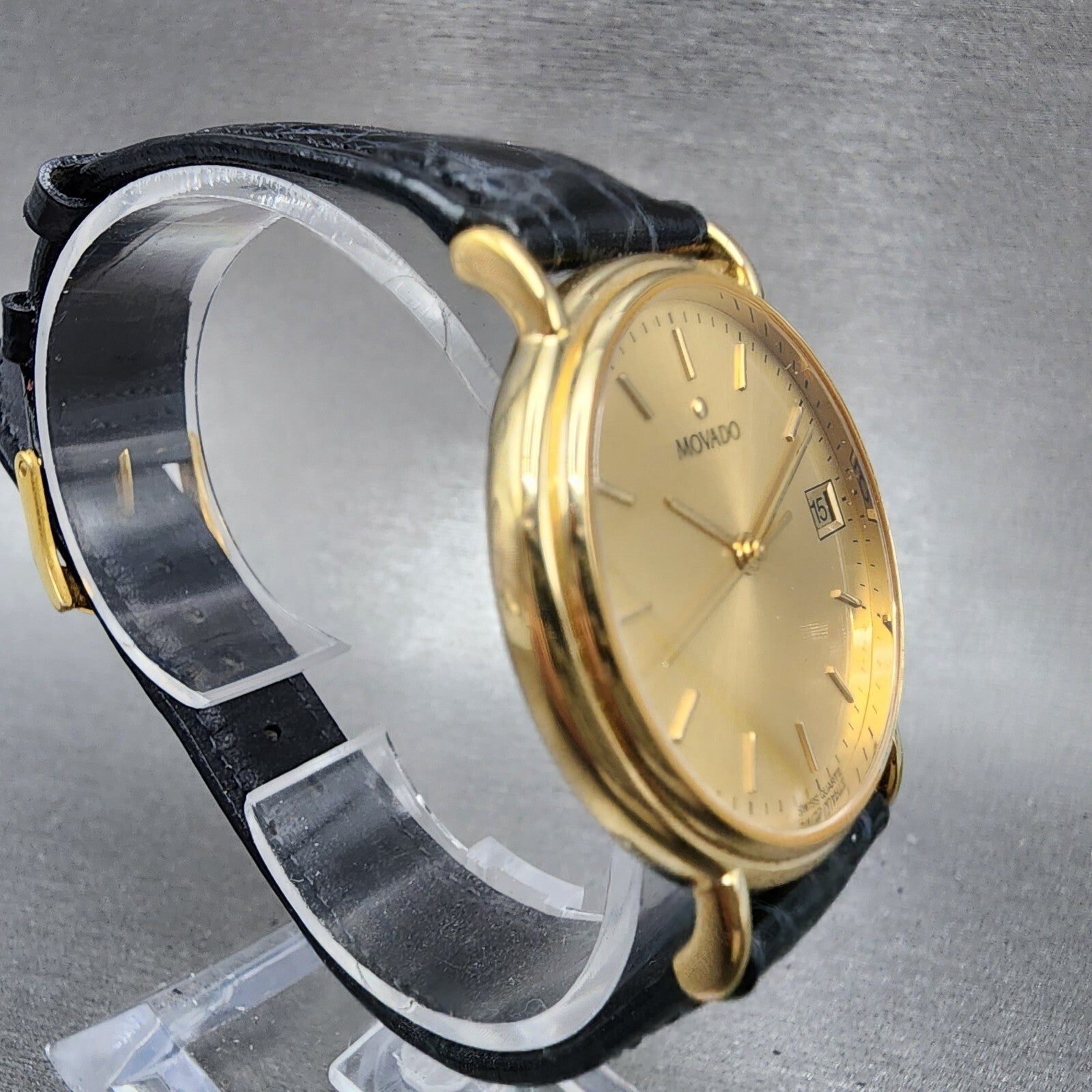 Movado Watch Men 34mm Gold Dial Gold Tone Date Round Leather Box New Battery7