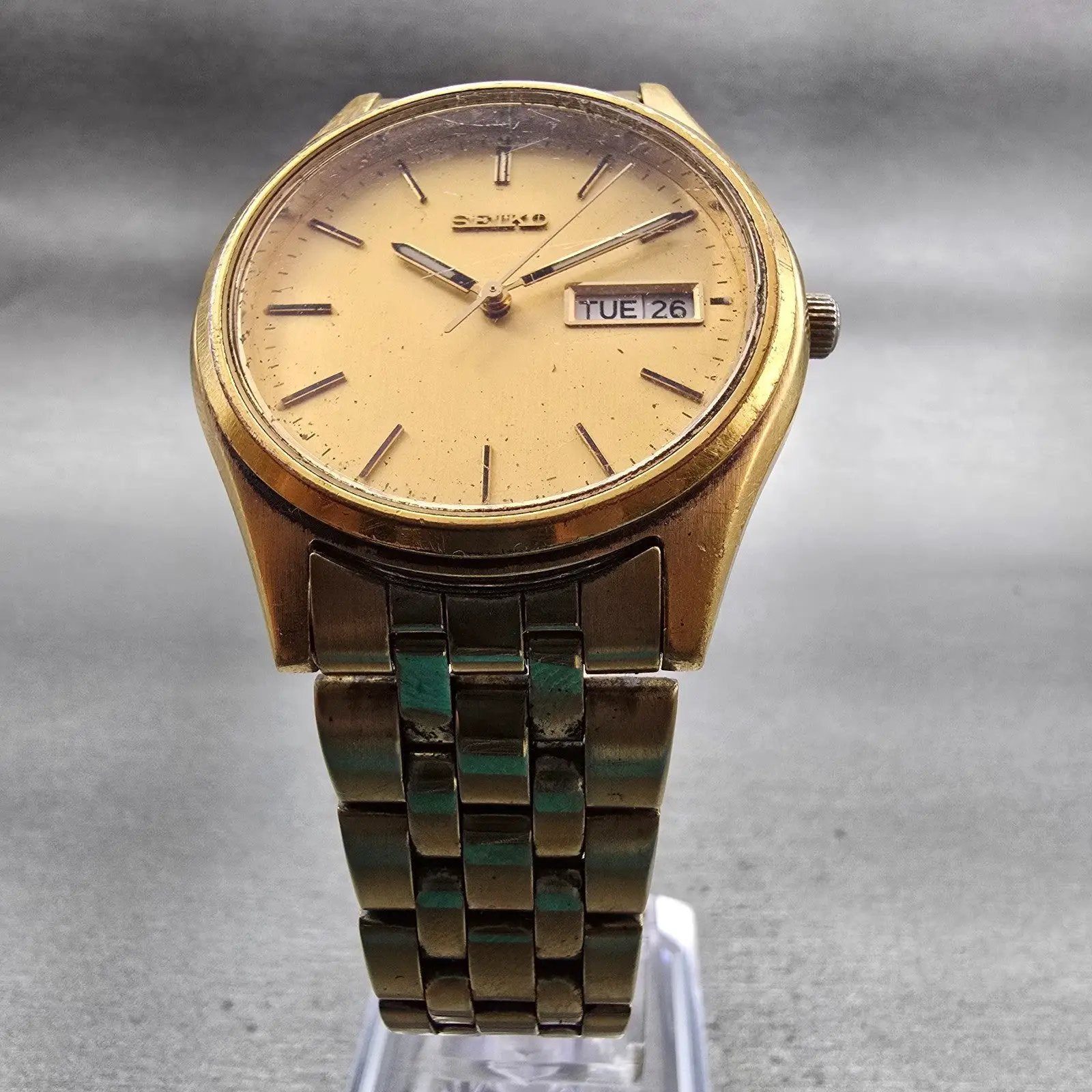Seiko Watch Men 36mm Gold Dial Gold Tone Daydate Round 7N43-9048 New Battery VTG5