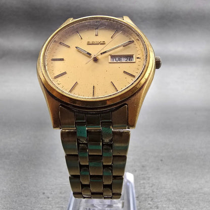 Seiko Watch Men 36mm Gold Dial Gold Tone Daydate Round 7N43-9048 New Battery VTG5