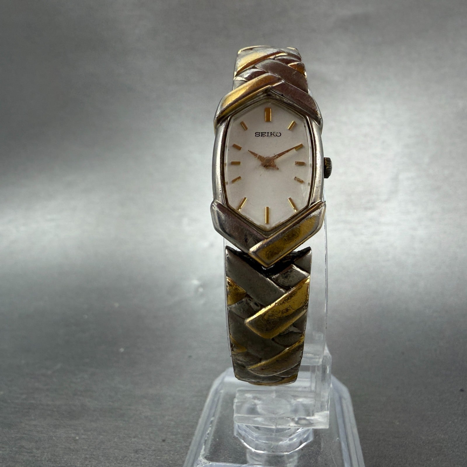 Seiko Watch Women 16mm White Dial Two Tone Hexagon 1N00-6R90 New Battery Vintage5