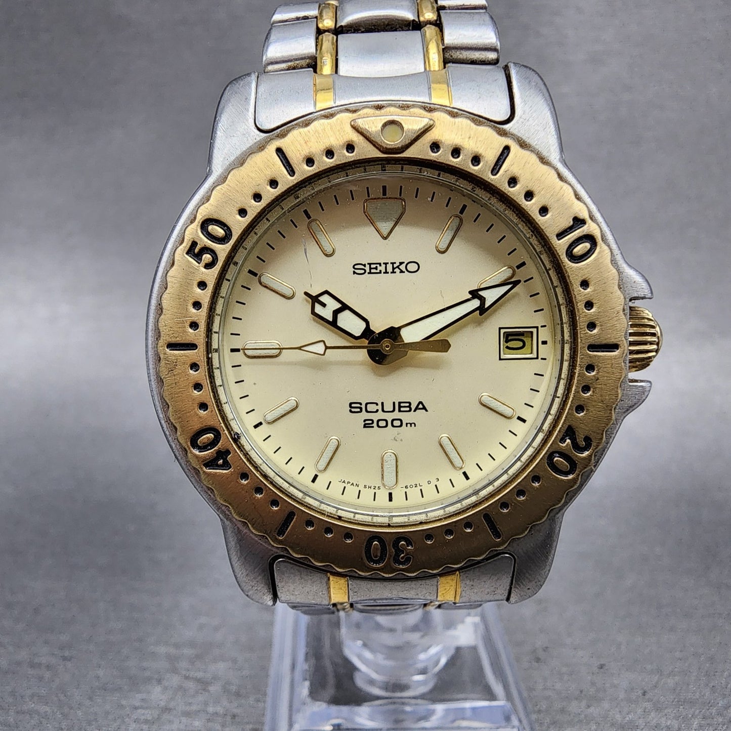 Seiko Scuba Watch Men 37mm Champagne Dial Two Tone Date 5h256070 New Battery0