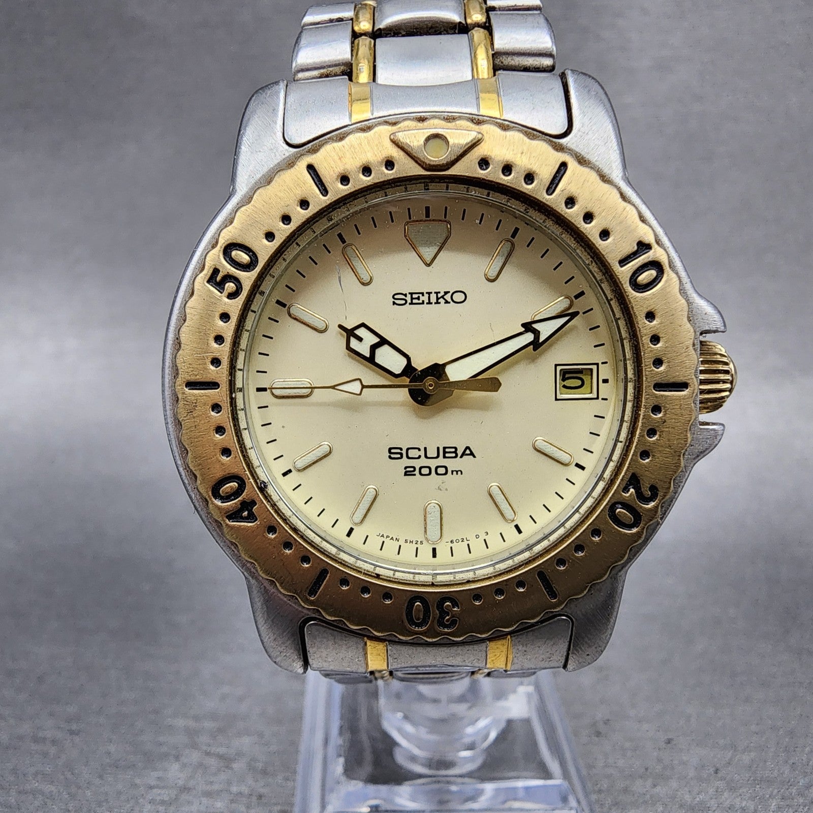 Seiko Scuba Watch Men 37mm Champagne Dial Two Tone Date 5h256070 New Battery0