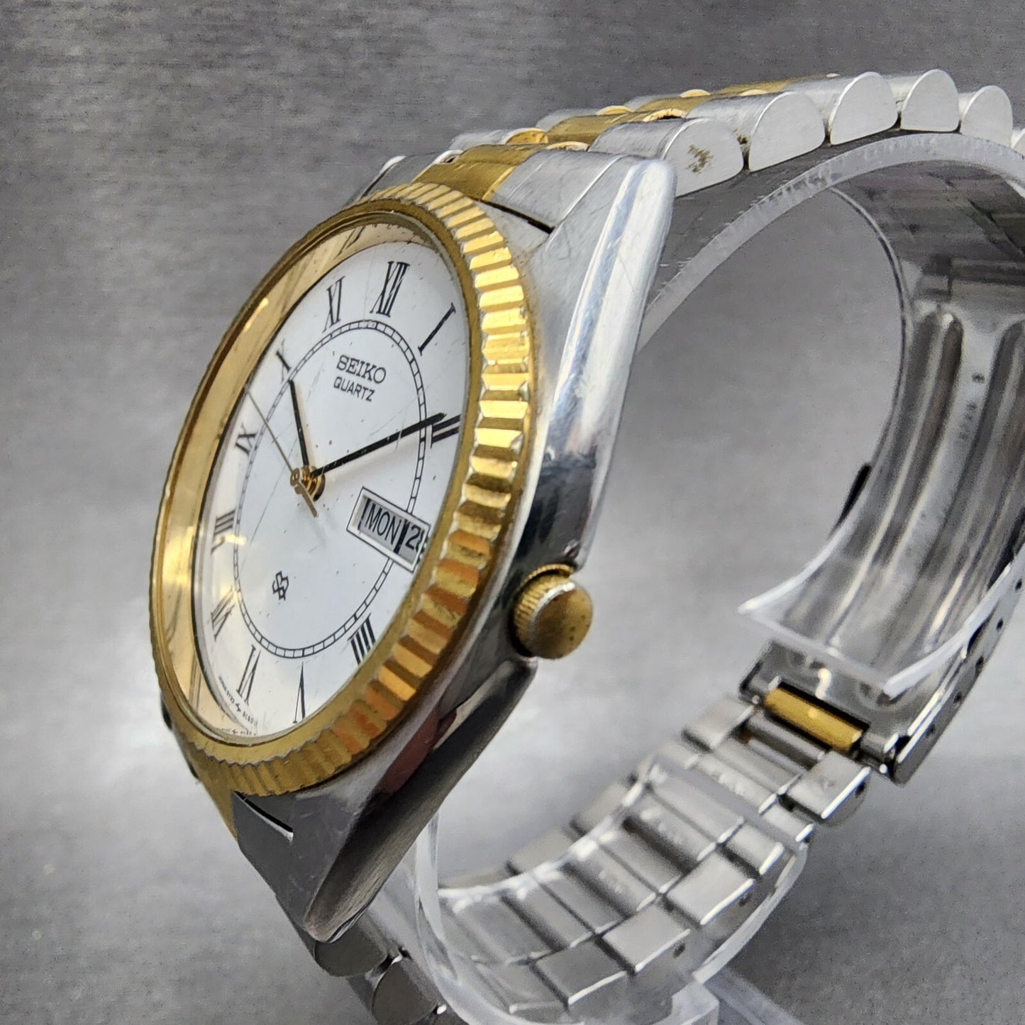 Seiko SQ President Watch Men 36mm White Dial Two Tone Daydate Round New Battery