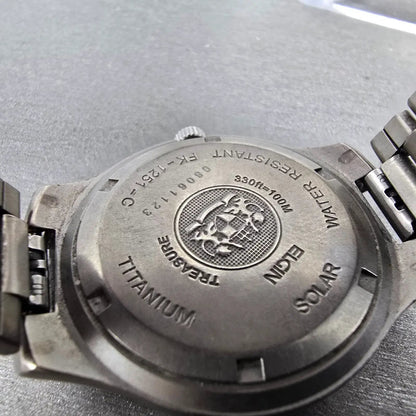 Elgin Solar Watch Men 36mm MOP Dial Titanium Daydate Round FK-1251 Runs9
