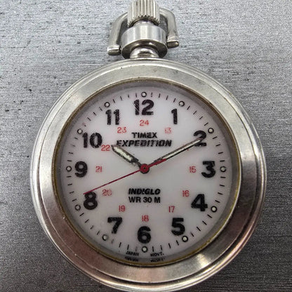 Timex Expedition Pocket Watch Men 47mm White Dial Silver Tone Indiglo New Batt1