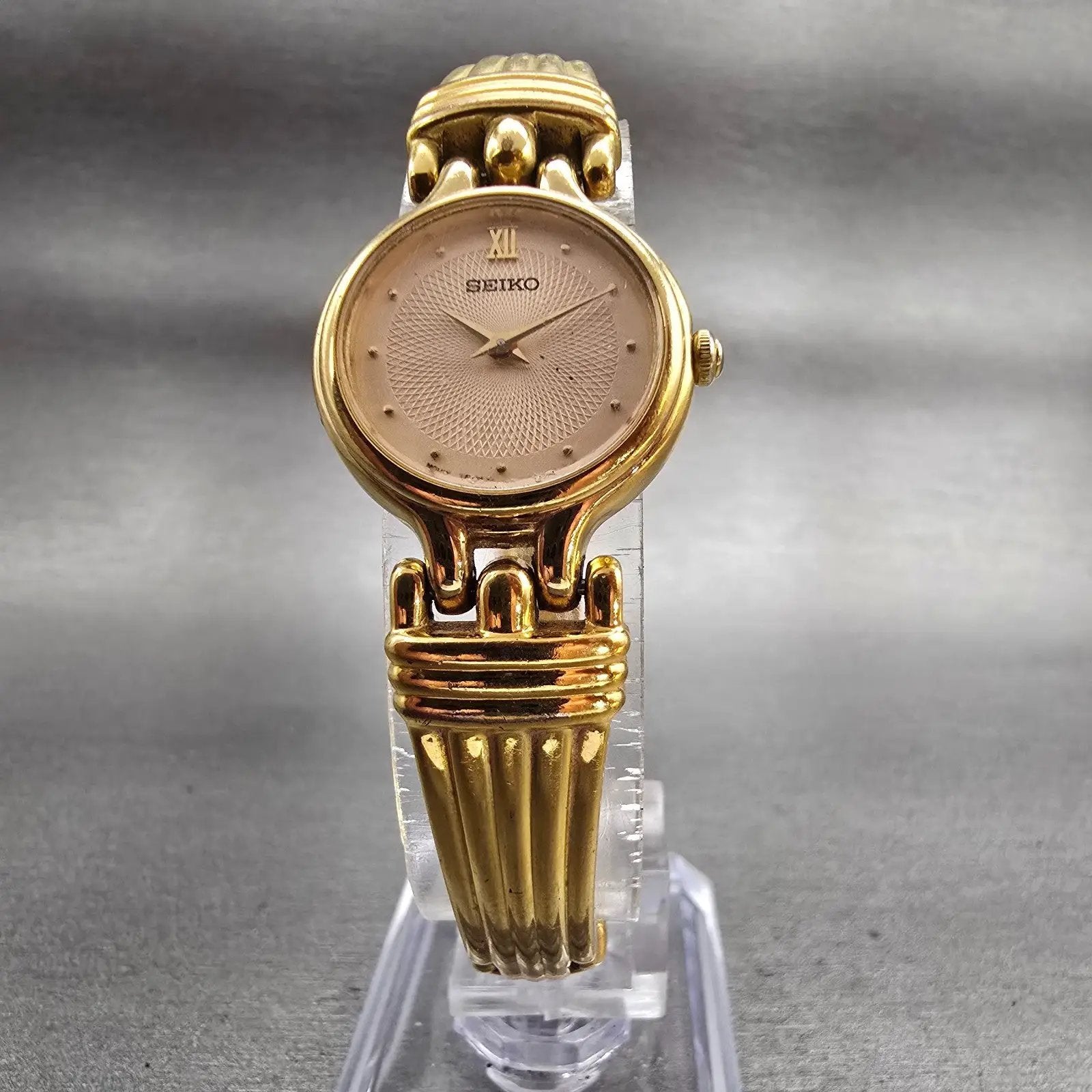 Seiko Watch Women 21mm Champagne Dial Gold Tone Round V400-1229 New Battery VTG5