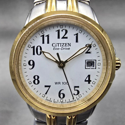 Citizen Eco-Drive Watch Women 26mm White Dial Two Tone Date E011-S064911 Works1