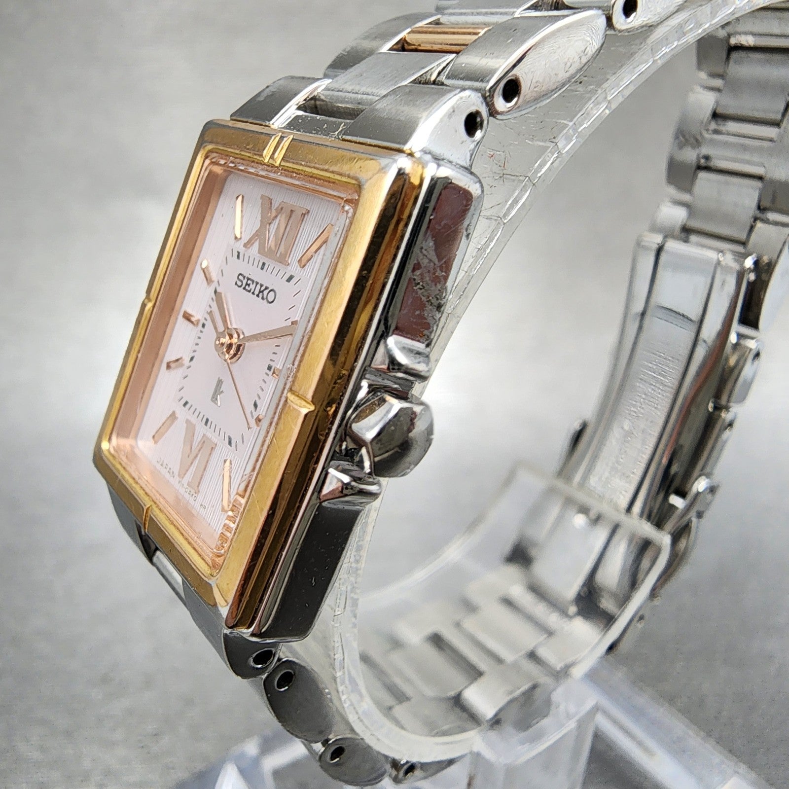 Seiko Solar Tank Watch Women 18mm White Dial Two Tone Rectangle Lukia RunsB2