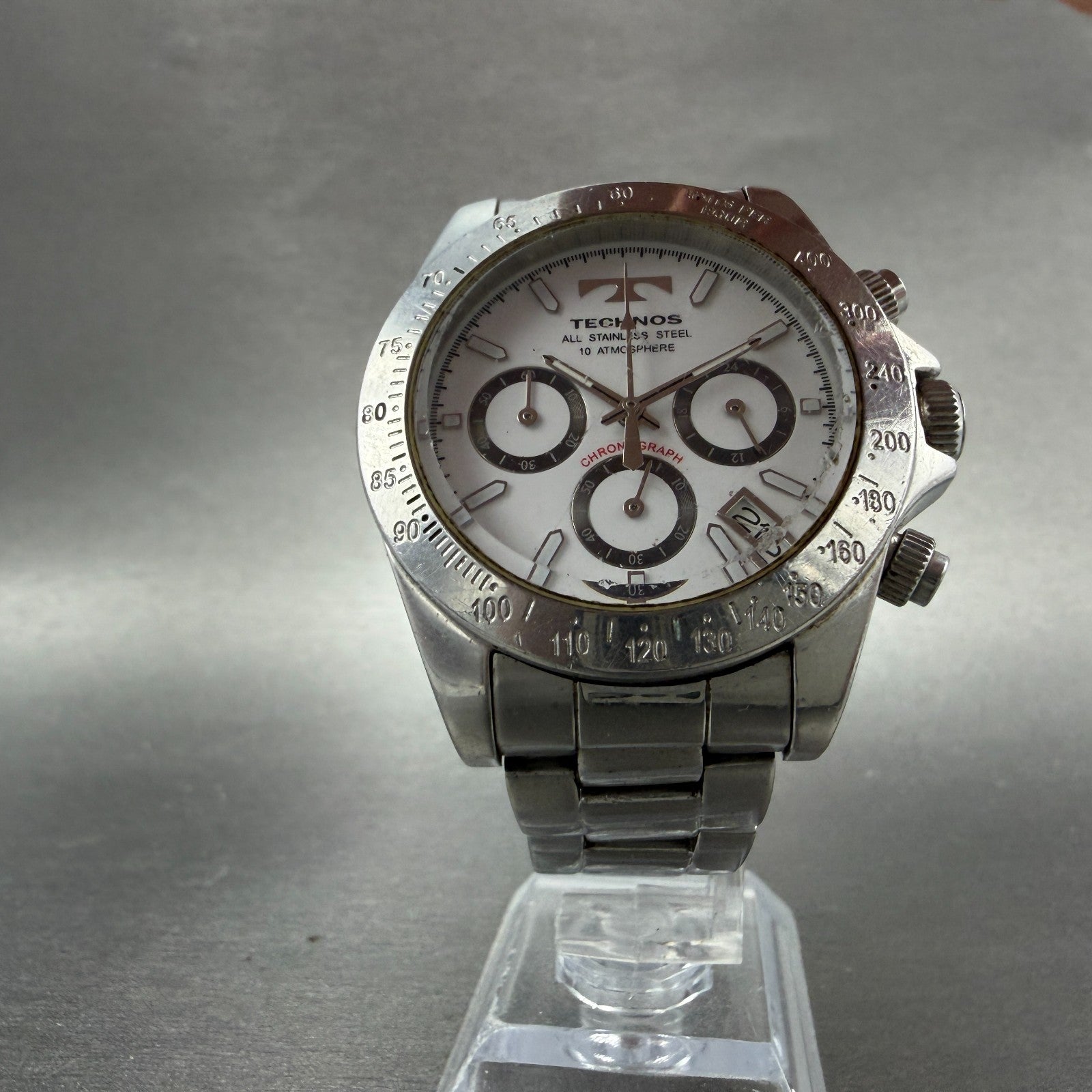 Technos Chronograph Watch Men 41mm White Dial Silver Tone Round T5128New Batt A5