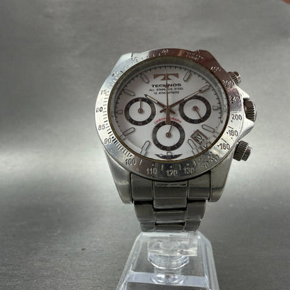 Technos Chronograph Watch Men 41mm White Dial Silver Tone Round T5128New Batt A5