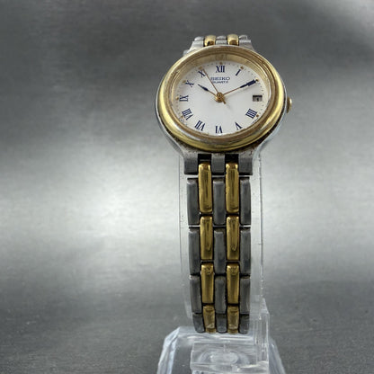 Seiko Watch Women 24mm White Dial Two Tone Date Round 3Y02-0B59 New Battery HJ8Q5