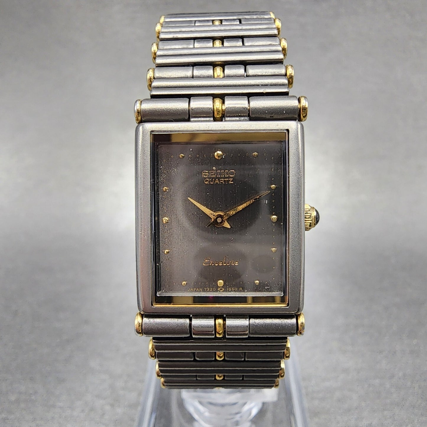 Seiko Exceline Tank Watch Women 18mm Gray Dial Two Tone Rectangle Titanium Runs0