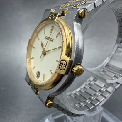 Gucci 9000M Watch Men 32mm Cream Dial Two Tone Date Round Bracelet New Battery 32