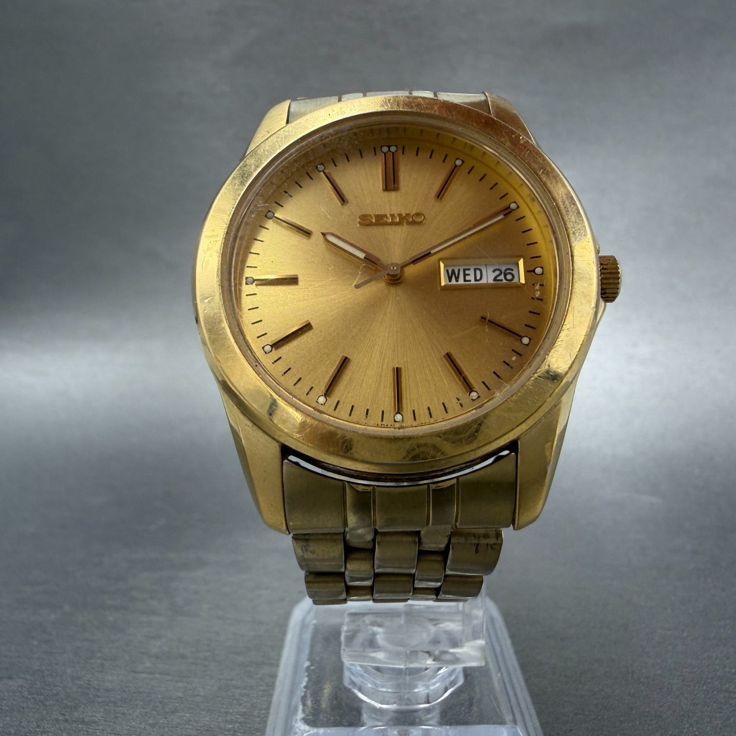Seiko Watch Men 37mm Champagne Dial Gold Tone Daydate 7N43-0AM0 New Battery5