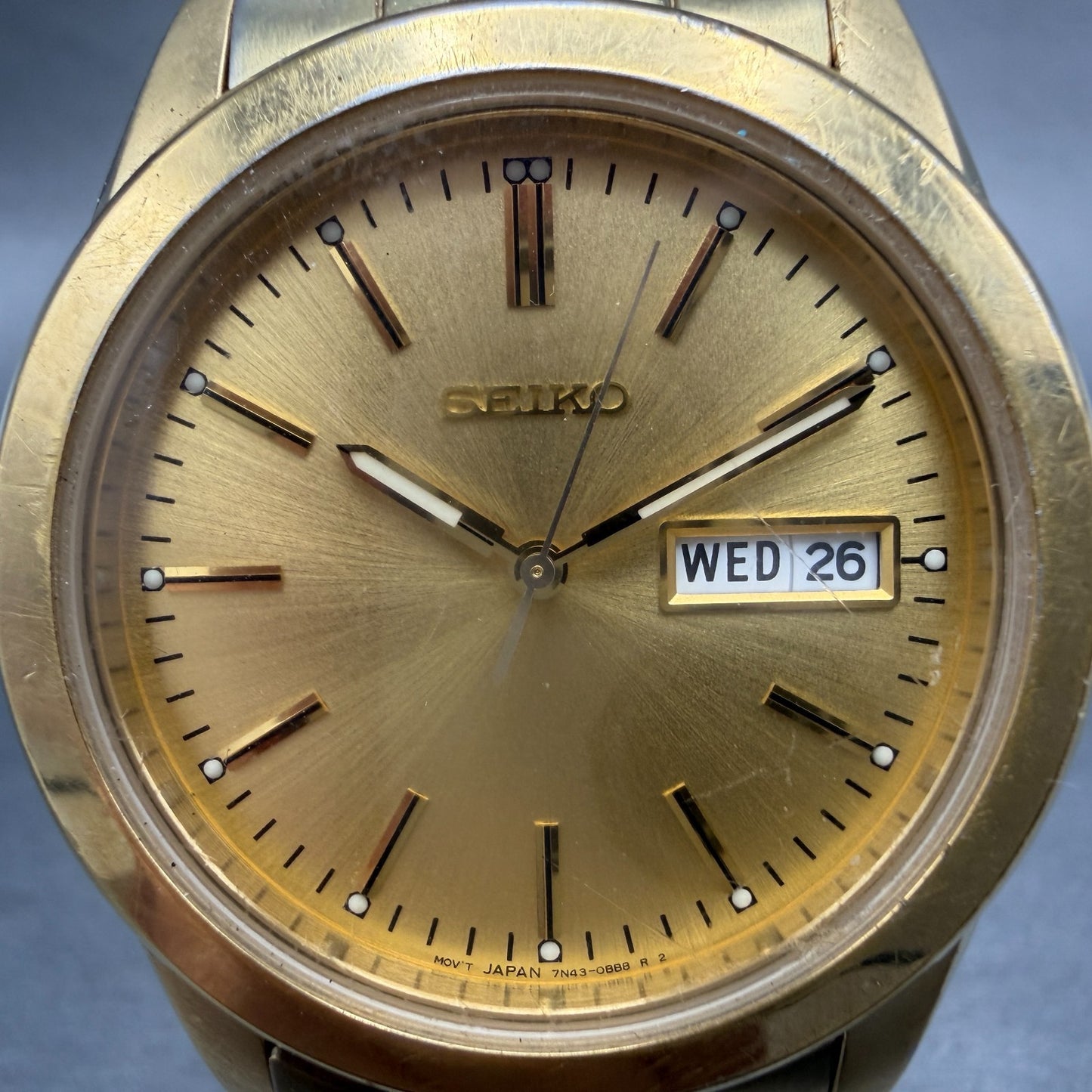 Seiko Watch Men 37mm Champagne Dial Gold Tone Daydate 7N43-0AM0 New Battery1