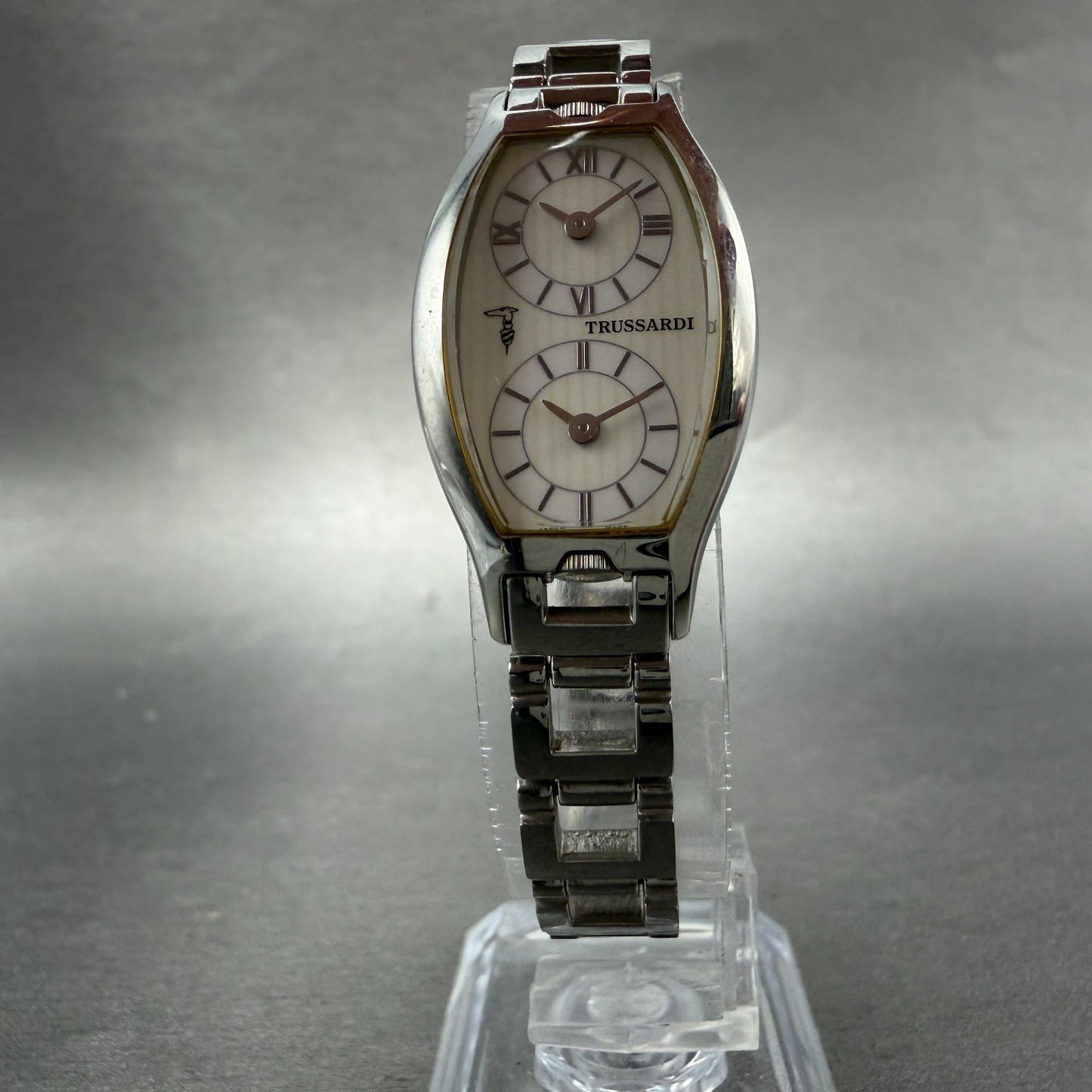 Trussardi Dual Time Watch Women 20mm White Dial Silver Tone Rectangle New Batt5