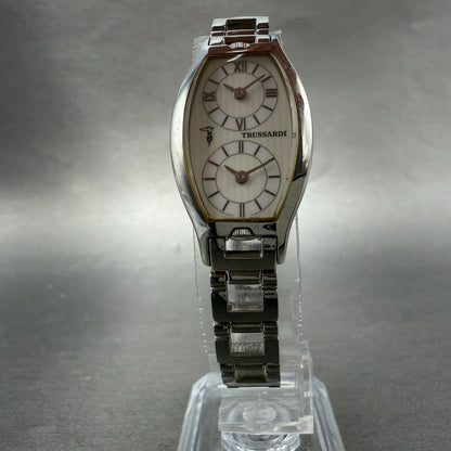 Trussardi Dual Time Watch Women 20mm White Dial Silver Tone Rectangle New Batt5