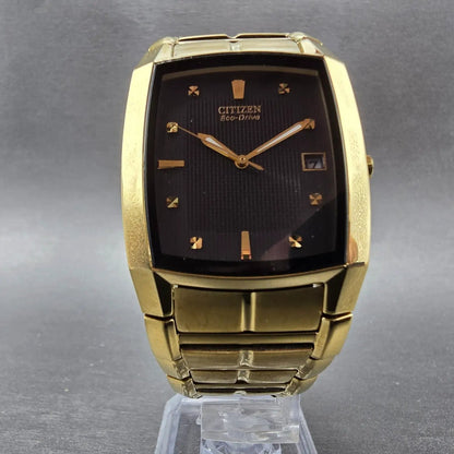 Citizen Eco-Drive Tank Watch Men 31mm Black Dial Gold Date E111-S049369 Runs RT5