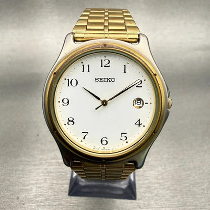 Seiko Watch Men 35mm White Dial Two Tone Date Round 7N32-0150 New Battery VTG0