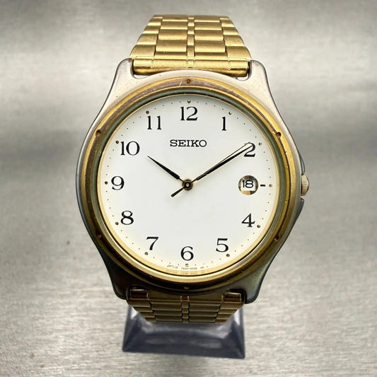 Seiko Watch Men 35mm White Dial Two Tone Date Round 7N32-0150 New Battery VTG0