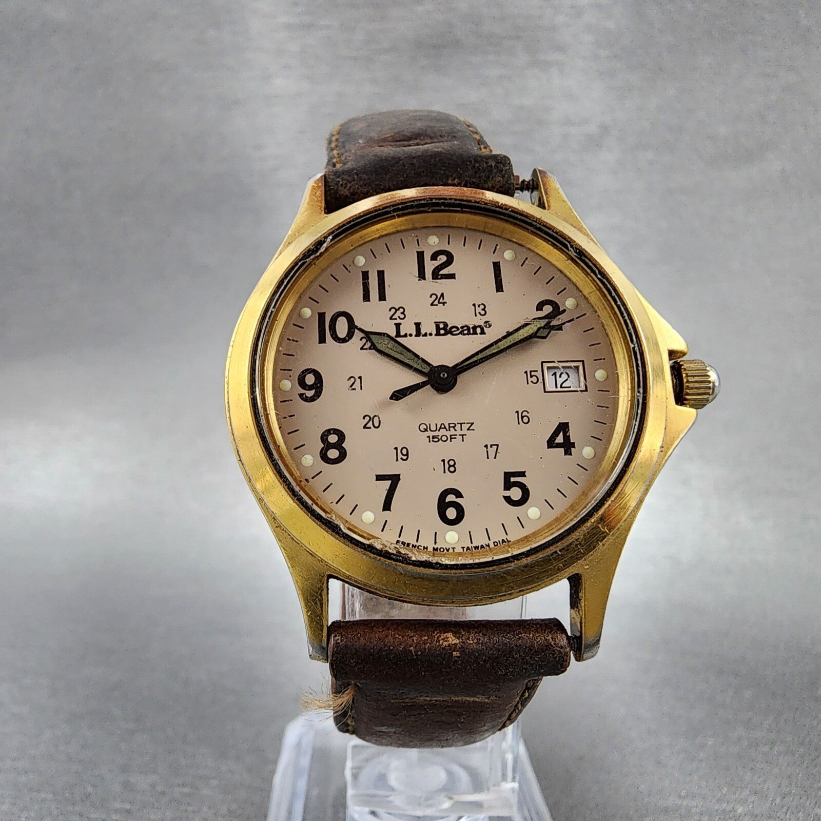 LL Bean Field Watch Men 34mm Gray Dial Gold Tone Date Round New Battery A12 VTG6